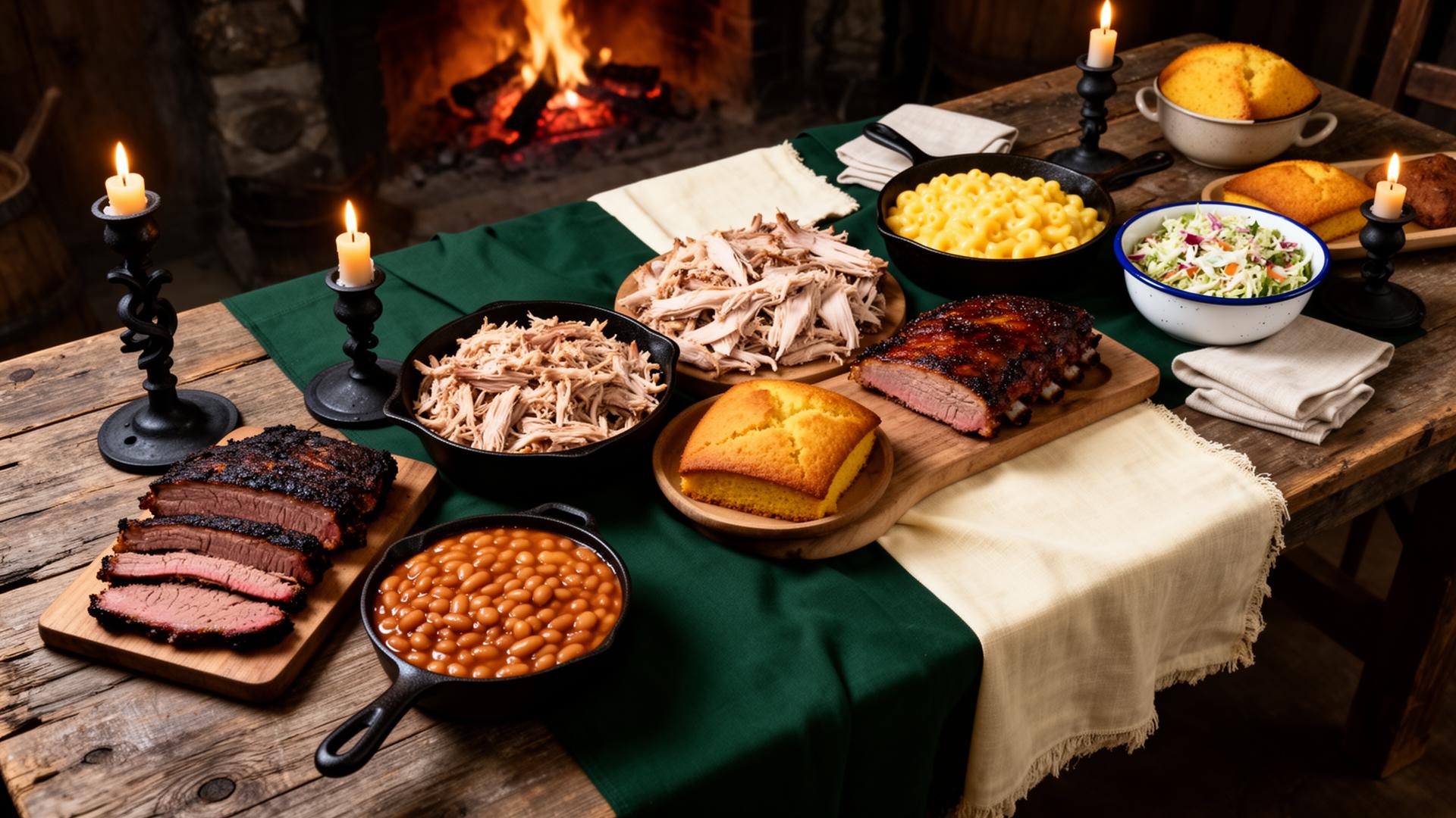 A spread of smoked brisket, pulled pork, mac and cheese and cornbread on a wooden table by firelight