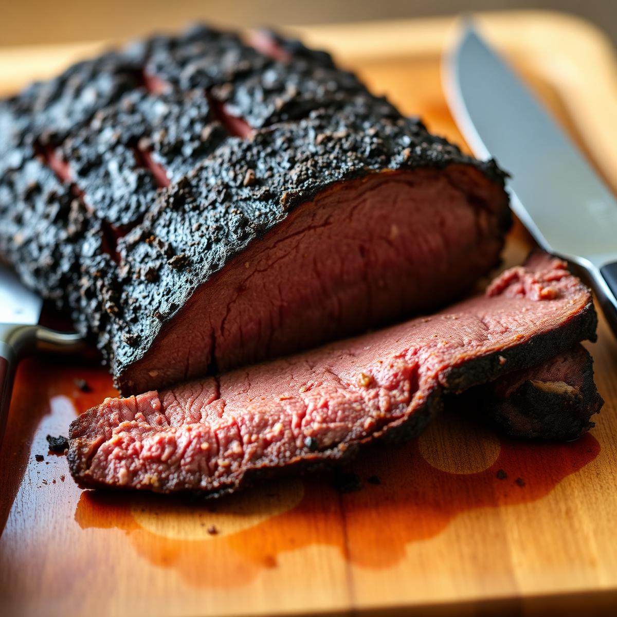 Sliced smoked brisket with peppery bark on a wooden board