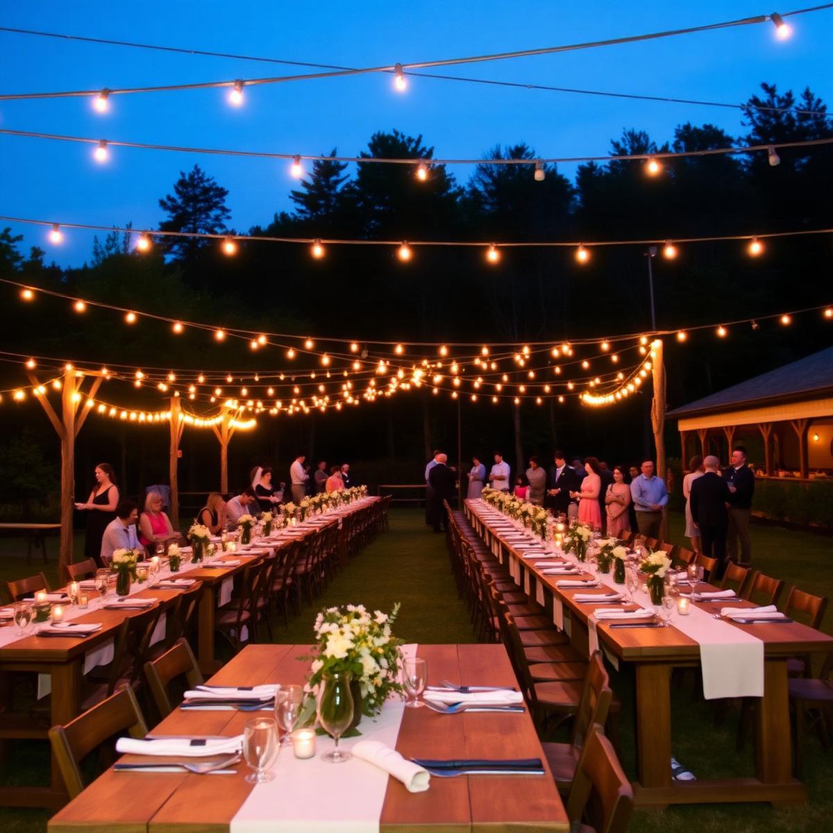 Outdoor wedding reception under string lights at dusk