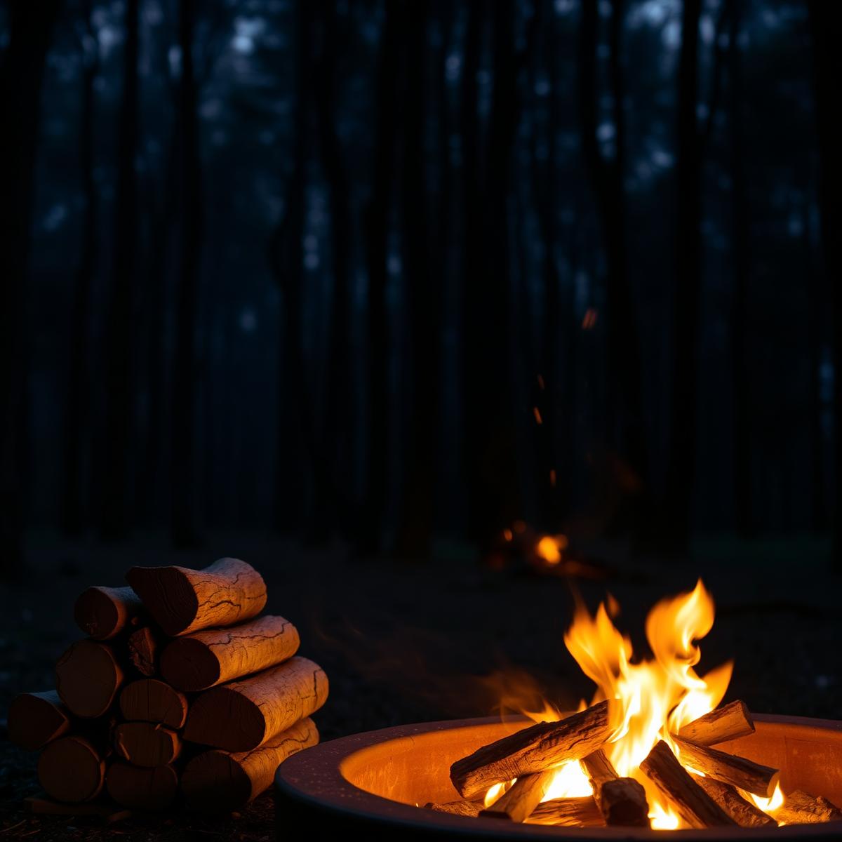 A fire pit with split oak firewood glowing at night