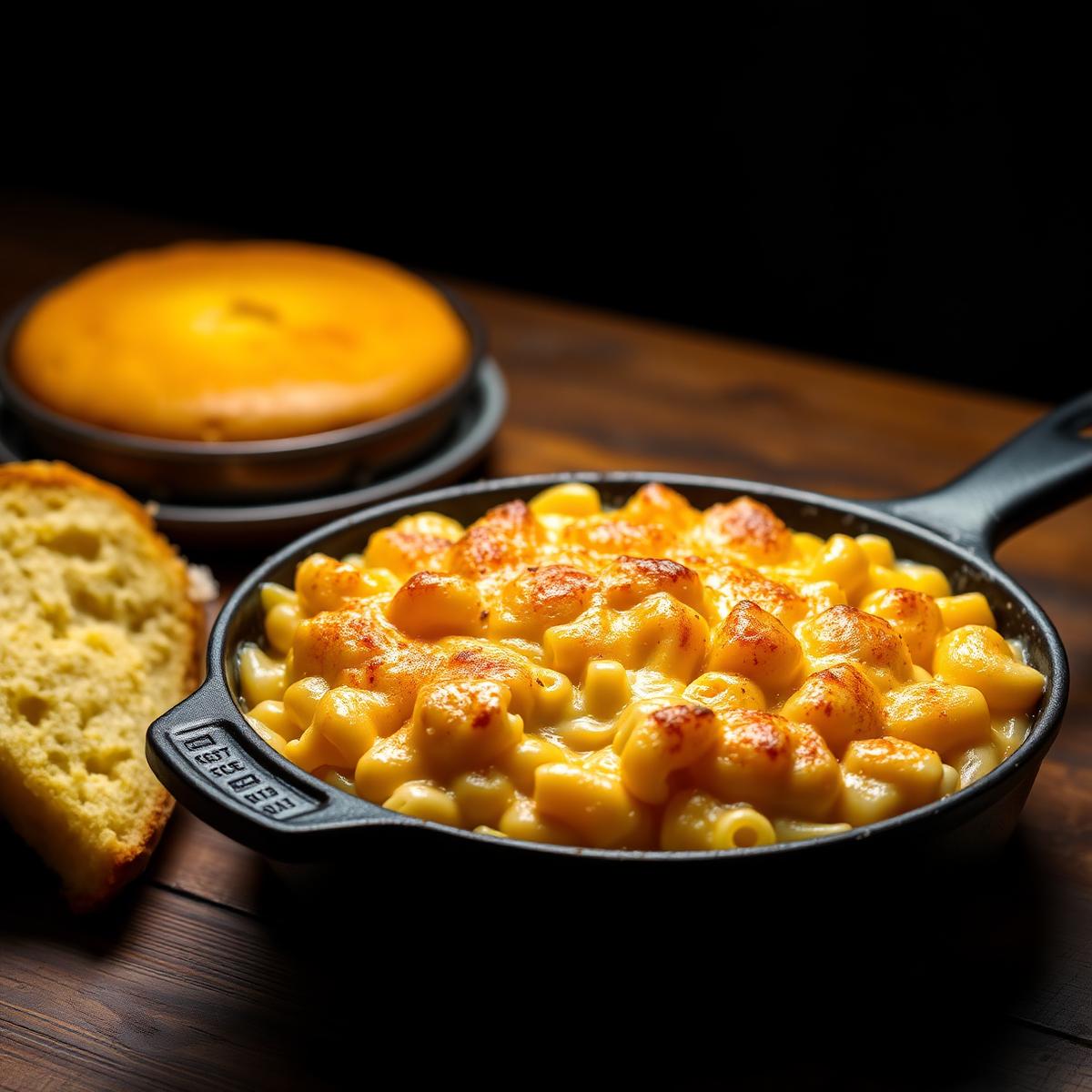 Cast iron skillet of bubbling mac and cheese beside cornbread