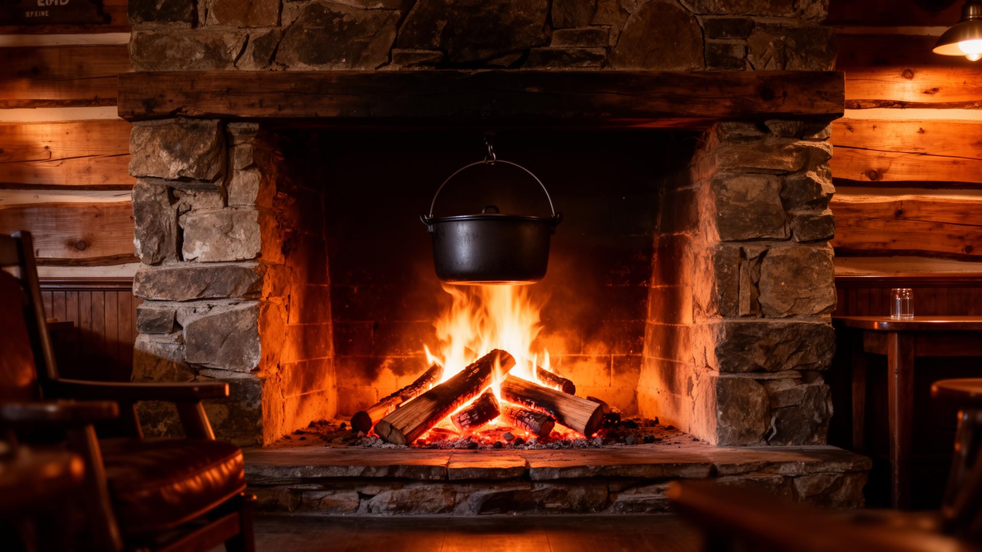 A stone hearth with a cast iron pot hanging over a roaring fire